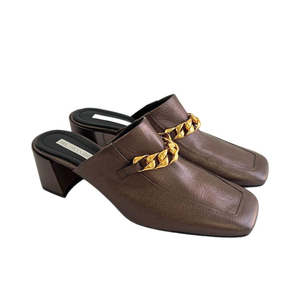 Neil J. Rodgers Copper Brown Mule Size 39.5 US 8.5 Gold Chain Slip On Made Italy